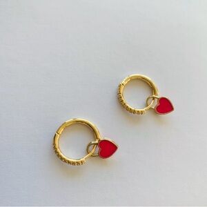 Dainty Heart Charm Dangle Hoop Earrings, Sterling Silver Tiny Heart Huggie Hoop